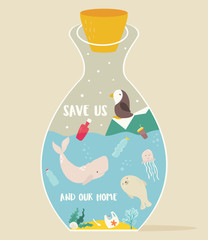 Eco concept poster bottle and animals inside.