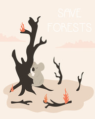 Eco Poster save forests. Burnt trees and koala © danceyourlife