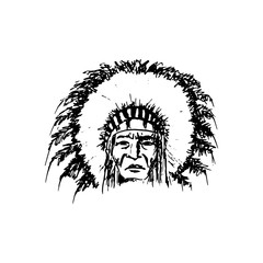 Stylized cartoon sketch North American Indian chief , face, isolated on white