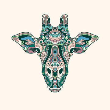 Unique vector illustration of giraffe in dark fir green and soft pastels. Trendy hand drawn style. Great for tattoo inspiration, T-shirt prints, graffiti templates, stamps, card design etc.