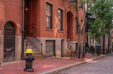 Acorn Street in Beacon Hill district, Boston, Massachusetts, USA - July 28, 2018: Entries of mansions in the Beacon Hill district in the city of Boston