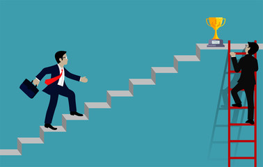 businessman walking up on staircase go to goal . destination, victory  to success concept with idea. leadership concept. Ladder to success business. Cartoon vector illustration