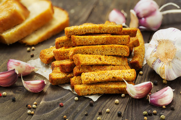 Bread rusks on a wooden table