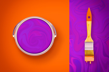 3d rendering of contrast orange and liquid-purple background with a paint bucket and a brush lying on differently colored sides. © gearstd