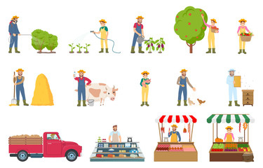 Farmer Work Agriculture Set Vector Illustration