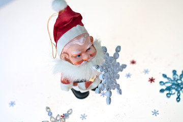 Christmas background with red and white  blue bright starry theme. With presents, decorations and tinsel. Please see my extensive range of Christmas images.