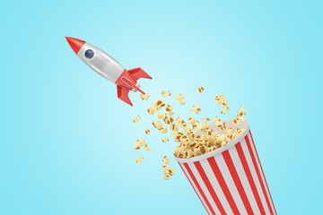 3d rendering of rocket flying out of popcorn bucket on light blue background