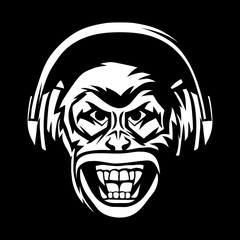 Angry monkey head in headphones.
