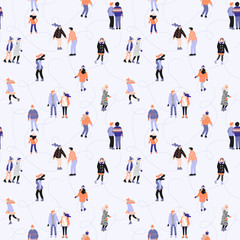 Cool ice skaters vector pattern, seamless repeat on fresh light background. Trendy graphic illustration style with high contrast. Great for textile and card design, scrapbooking, packaging products et