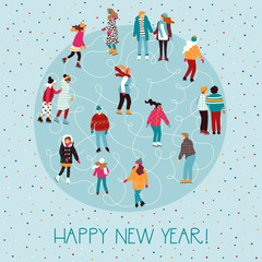 Vector illustration of different skating people. Trendy retro style. Graphic design elements, great for Christmas and New Year related prints, cards, pattern making etc.