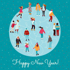 Bright vector illustration of different skating people. Trendy retro style. Graphic design elements, great for Christmas and New Year related prints, cards, pattern making etc.