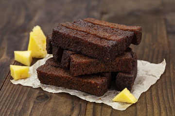 Bread rusks on a wooden table