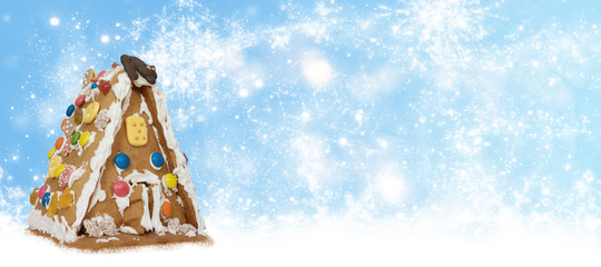 Witchy House, blue sky, snow, banner