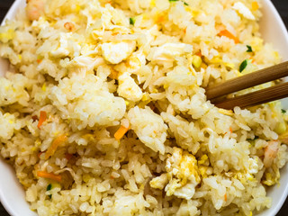 top view of Fried Rice with Shrimps and Vegetables