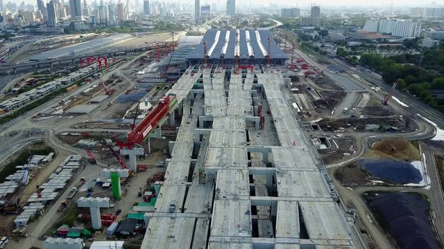 Aerial view of Bang Sue central station, the new railway hub transportation building under construction in Bangkok, Thailand.