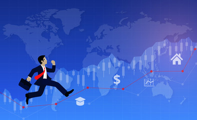 Businessmen run on chart Graph line to goal to achieve success. go to target growth. Leadership. Modern ideas, creativity. business concept background human chart map Vector Illustration