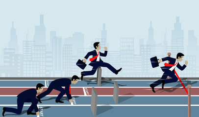 Businessmen run to the finish line to success in business Concept. There are Barriers . The wall is blocking the way ahead.  Cartoon, vector illustration.