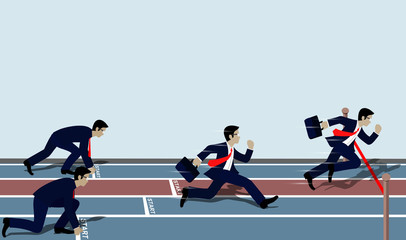 Businessmen run to the finish line to success in business Concept.  Cartoon, vector illustration.