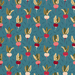 Cute illustrated radish vector pattern on blue background, seamless repeat. Trendy hand drawn style. Great for apparel & editorial design, paper & packaging products, wallpapers, backgrounds etc.