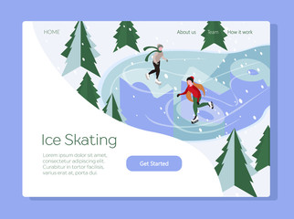 Isometric illustration - winter frozem lake with skating girls. Forests, trees and 2019 number on white background. Banner, web page, poster template with place for your text.
