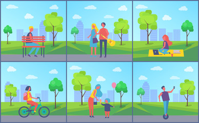 Couple in City Town Park Set Vector Illustration