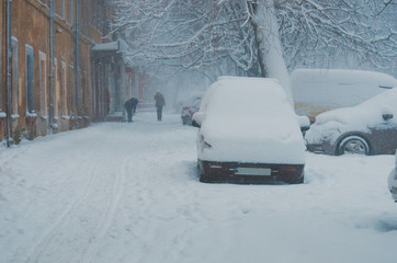 Winter weather. The concept of a storm warning. Snow