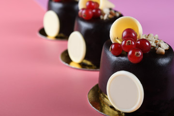 Black chocolate cake with cranberry on pink background