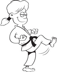 Black and white illustration of a girl in a karate uniform kicking.