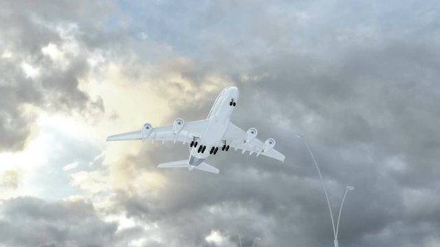 Herm, approach of the aircraft to land in сloudy weather, flying over the name of the country and its flag