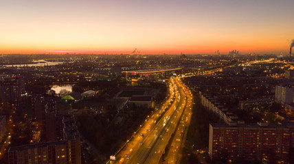 Moscow, Russia-October, 2018: Beautiful sunset in the city from a bird's flight.