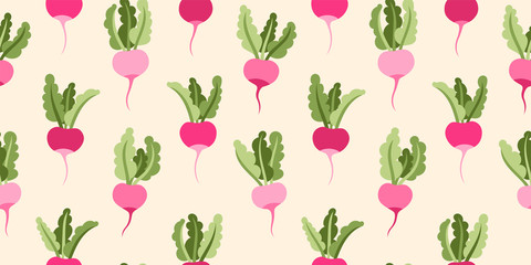 Beautiful varied pink radish vector pattern on light background, seamless repeat. Adorable flat elements, perfect for editorial & packaging design, apparel, home decor, healthy lifestyle concepts etc.