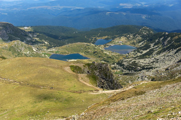 Fototapeta na wymiar Summer view of The Twin, The Trefoil, The Fish and The Lower Lakes, Rila Mountain, The Seven Rila Lakes, Bulgaria
