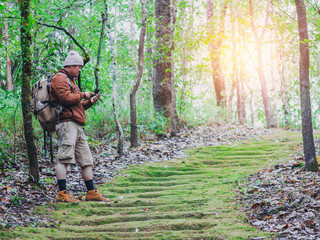 Fototapeta premium hiker with backpack checks map on phone to find directions in wilderness area