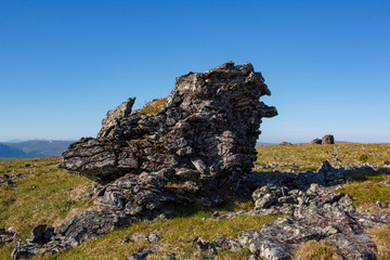 Stone peaks on a mountain plateau against a blue sky. The highlands of the Northern Urals. Kurumnik and taiga grass covering the terrain.