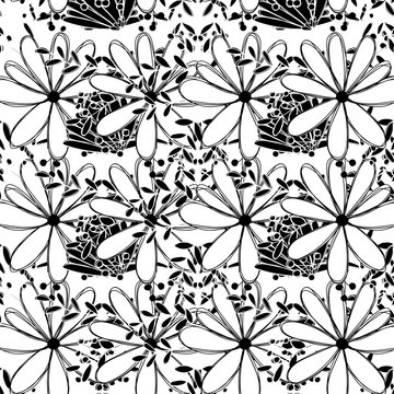 Seamless pattern white and black camomlile absctract flower