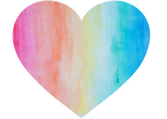 Heart shape hand painted with watercolors in rainbow colors. It has watercolour stains and paper texture.