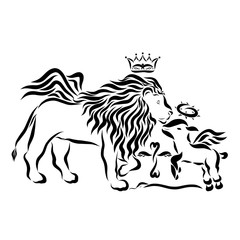 Winged victorious lion with a crown and winged humble lamb with a crown of thorns, a serpent under their feet and a cross