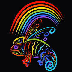 Funny winged chameleon or dragon sitting under a rainbow