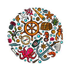 Sea adventures template. Marine hand drawn vector and objects. Doodle style vector illustration