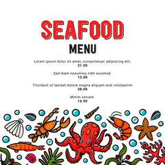 Seafood menu in doodle style. Vector icons mussel, fish, shrimp, octopus, scallop, lobster, mollusk, oyster. Vector illustration.