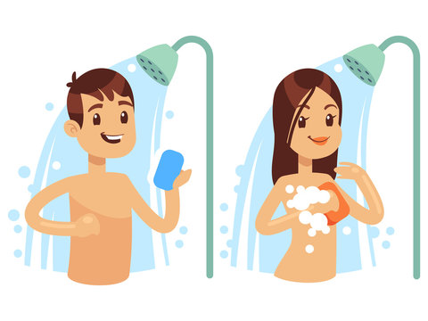 Cartoon character man and woman taking a shower vector illustration isolated on white