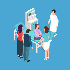 Girl teenager on medical check-up. Parents, daughter, doctors and medical equipments isometric vector illustration