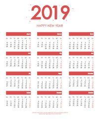 Calendar 2019 new year in clean minimal simple style. Holiday event planner. Week starts on sunday