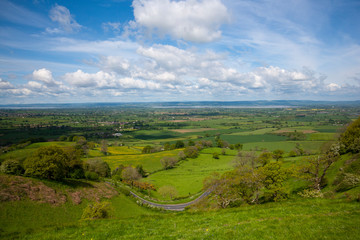 Coaley Peak viewpoint view over The Severn Vale from the Cotswold escarpment near Nympsfield,...