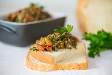 eggplant caviar with tomatoes and a slice of bread
