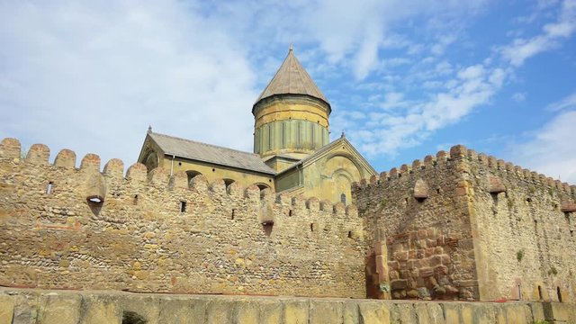 Svetitskhoveli Cathedral in historic town of Mtskheta, Georgia. Steadicam shot