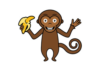 Happy Monkey with banana vector illustration. Cheerful Monkey cartoon character. Cute monkey icon isolated on a white background. Smiling brown monkey drawing