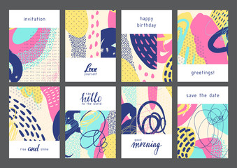 Set of creative universal artistic cards. Designs for prints, wedding, anniversary, birthday, Valentine's day, party invitations, posters, cards, etc. Vector. Isolated.