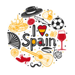 Round Composition with Spanish Symbols and I Love Spain Text