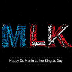 Typography design with words on the text MLK in American Flag colors on an isolated black background - 234696111